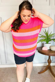 Feeling Bold Fuchsia & Orange Stripe Short Sleeve Dolman Sweater | Daverri Fashions