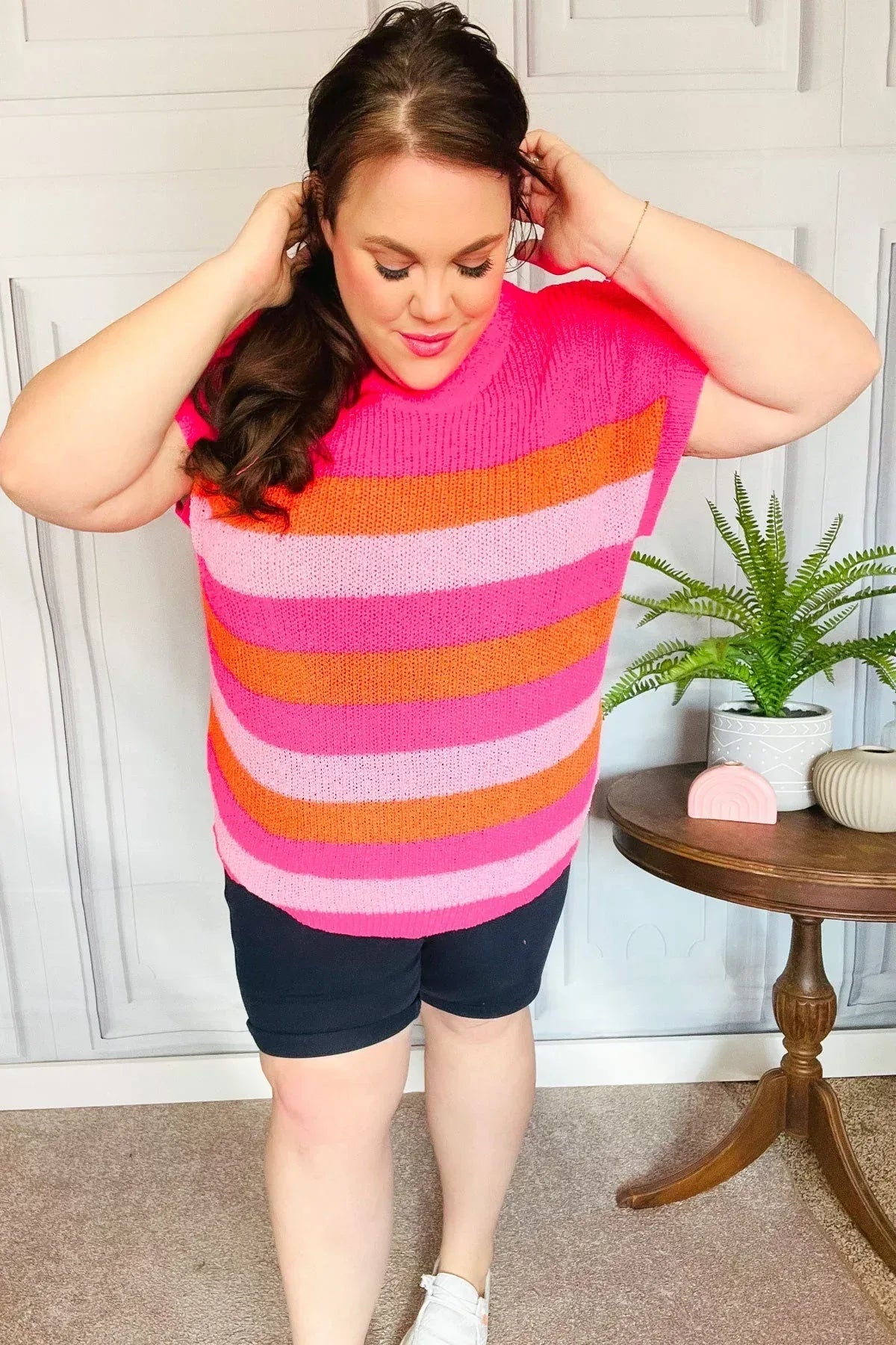 Feeling Bold Fuchsia & Orange Stripe Short Sleeve Dolman Sweater - DAVERRI FASHIONS
