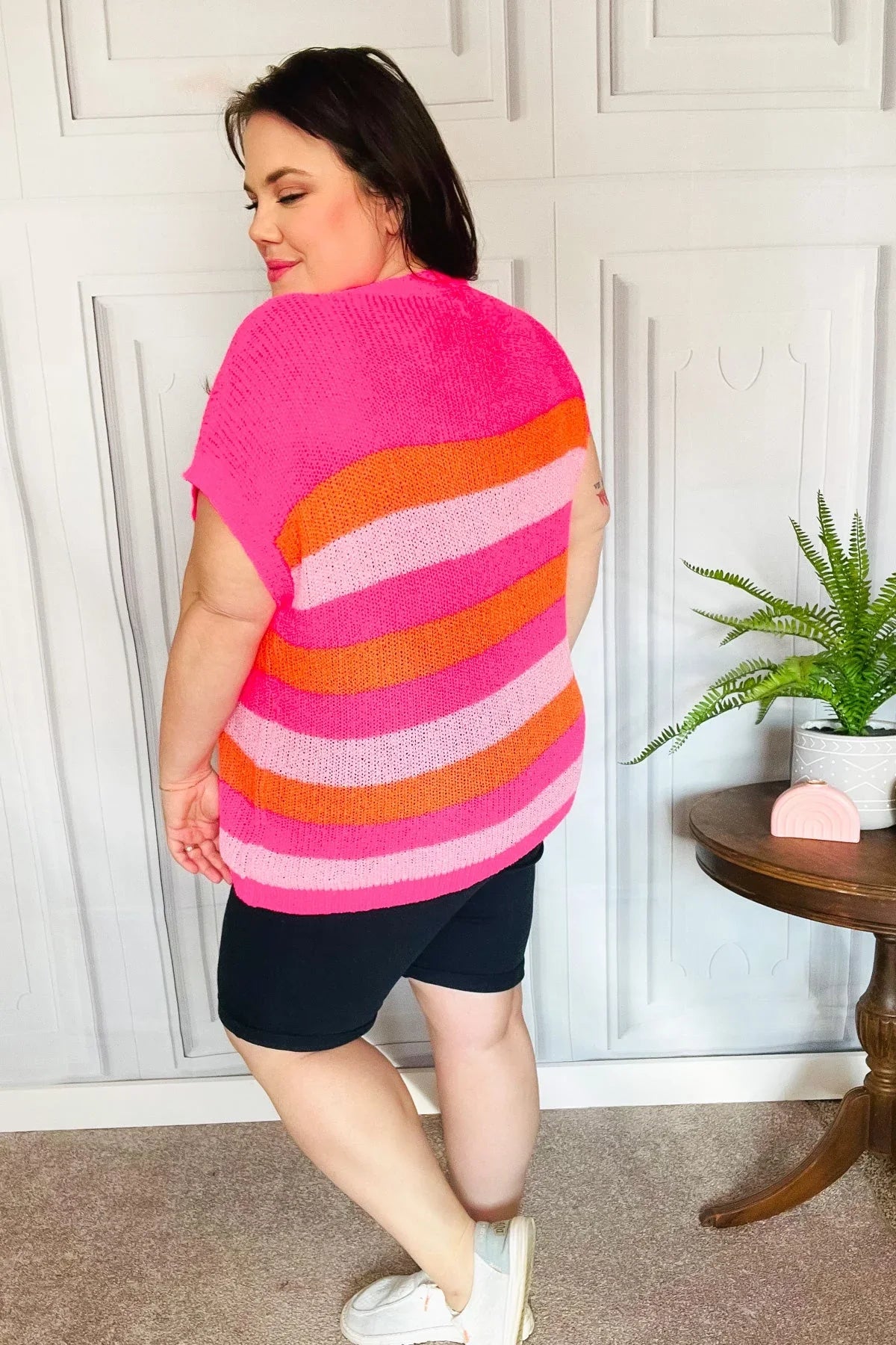 Feeling Bold Fuchsia & Orange Stripe Short Sleeve Dolman Sweater | Daverri Fashions