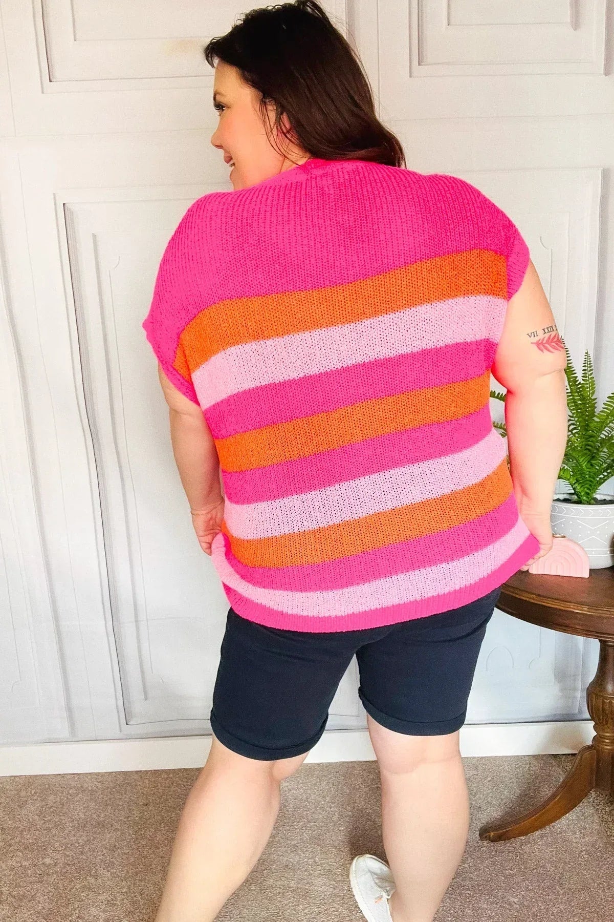 Feeling Bold Fuchsia & Orange Stripe Short Sleeve Dolman Sweater - DAVERRI FASHIONS