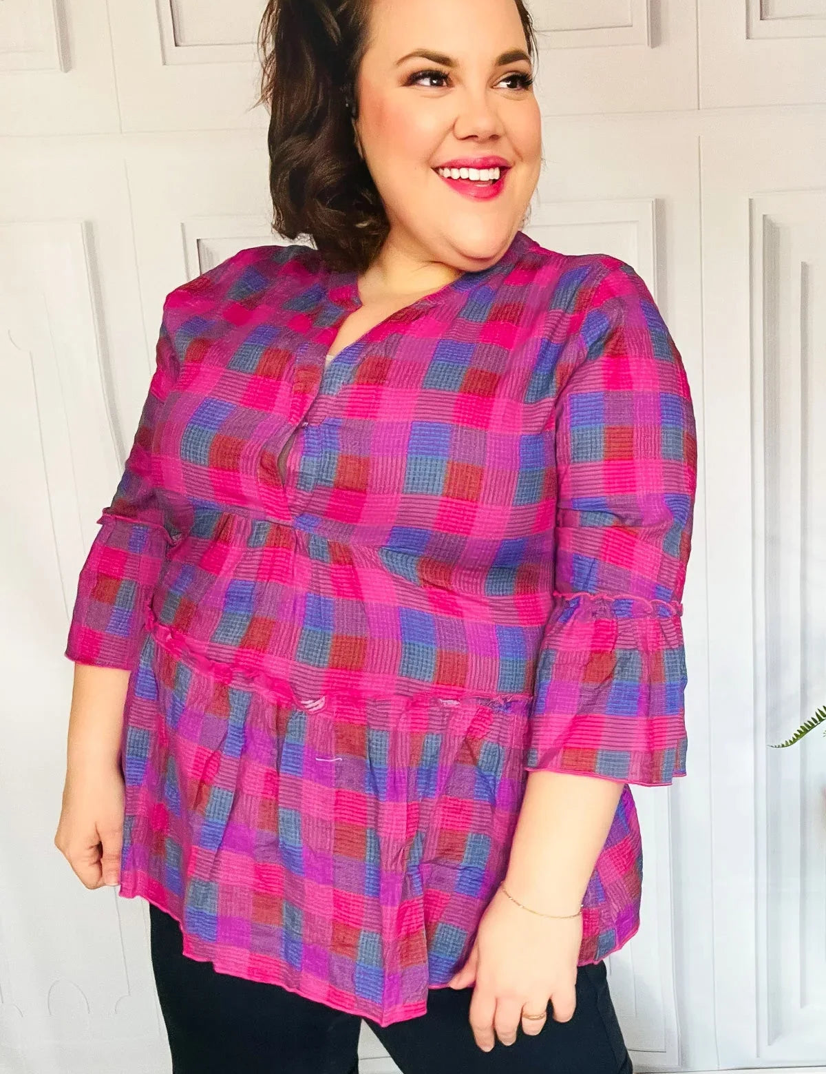Back To Basics Fuchsia Plaid Notched Neck Babydoll Top | Daverri Fashions
