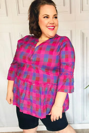 Back To Basics Fuchsia Plaid Notched Neck Babydoll Top | Daverri Fashions