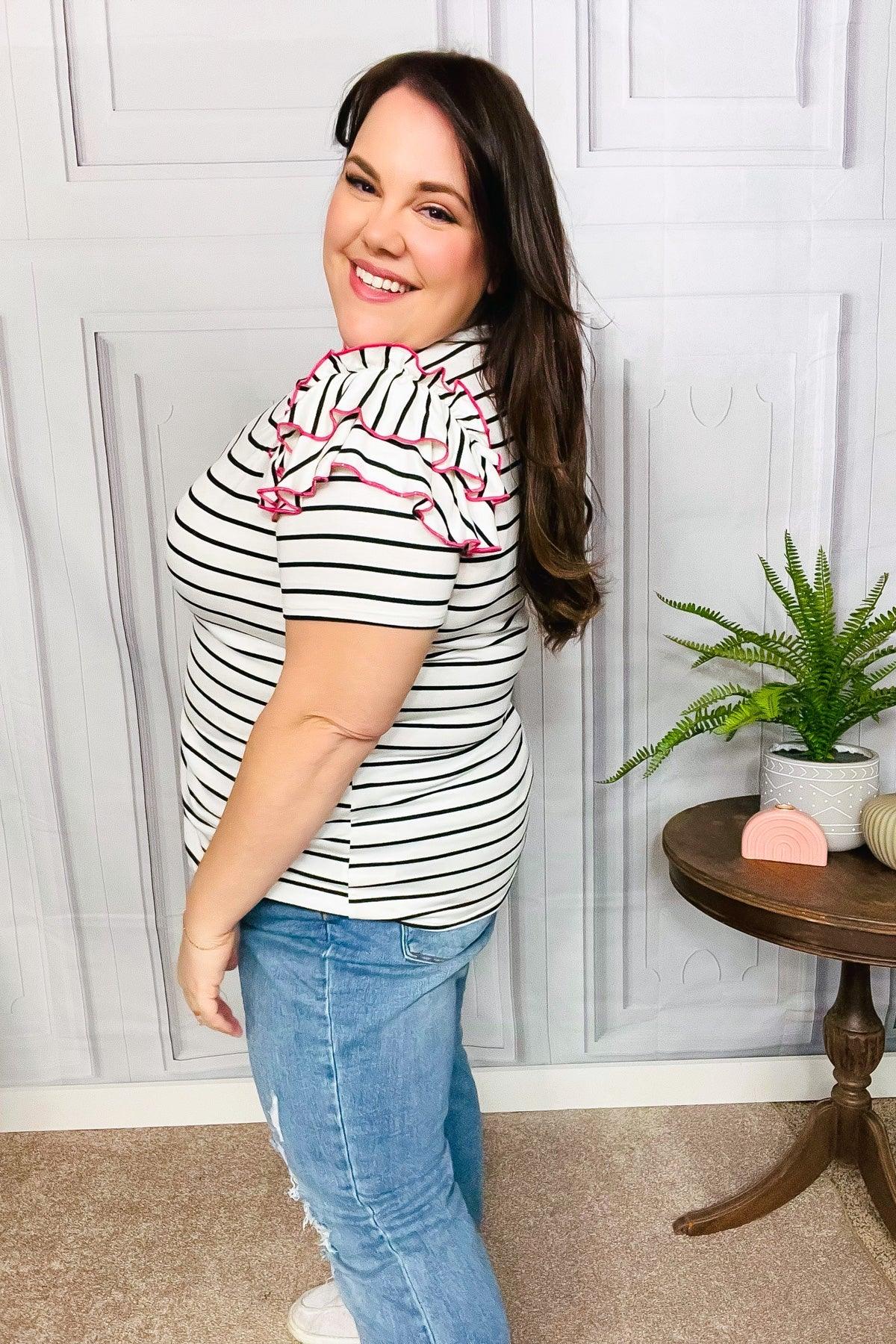Get To It Ivory & Pink Merrow Stitch Ruffle Sleeve Stripe Top | Daverri Fashions