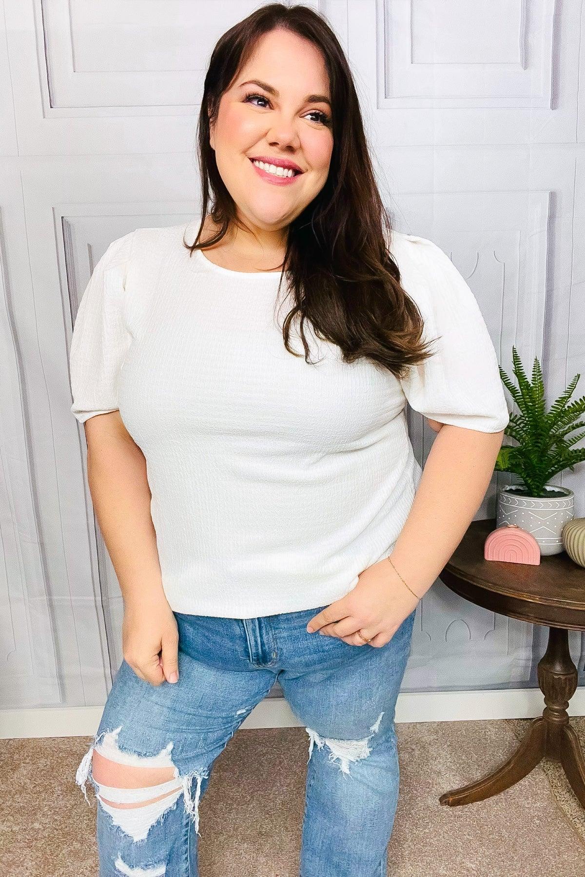 Stand Out White Crinkle Textured Woven Puff Sleeve Top | Daverri Fashions