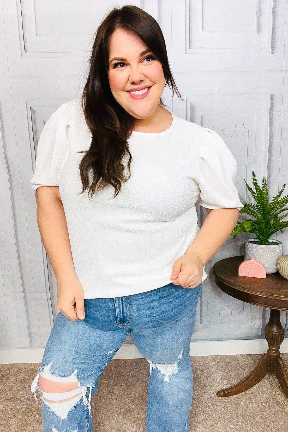 Stand Out White Crinkle Textured Woven Puff Sleeve Top | Daverri Fashions