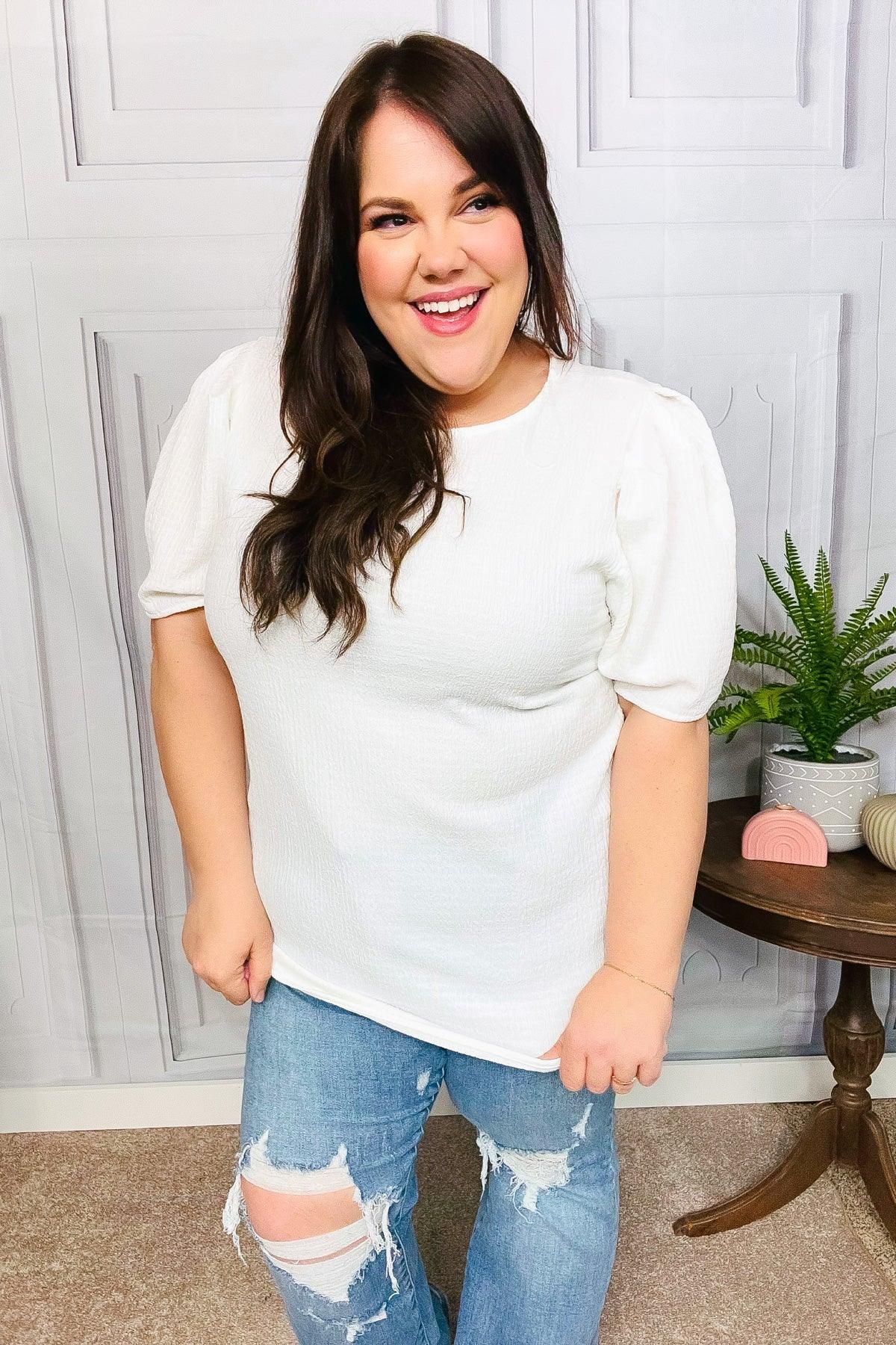 Stand Out White Crinkle Textured Woven Puff Sleeve Top | Daverri Fashions