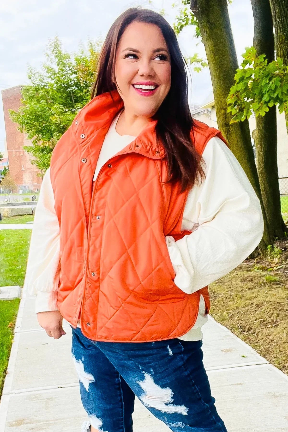 Weekend Ready Rust High Neck Snap Button Quilted Puffer Vest | Daverri Fashions