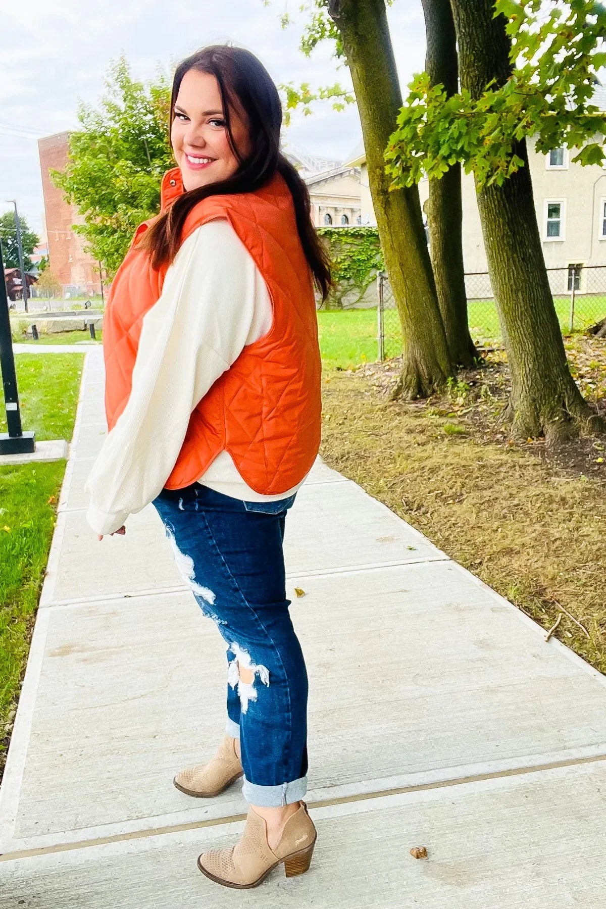 Weekend Ready Rust High Neck Snap Button Quilted Puffer Vest | Daverri Fashions