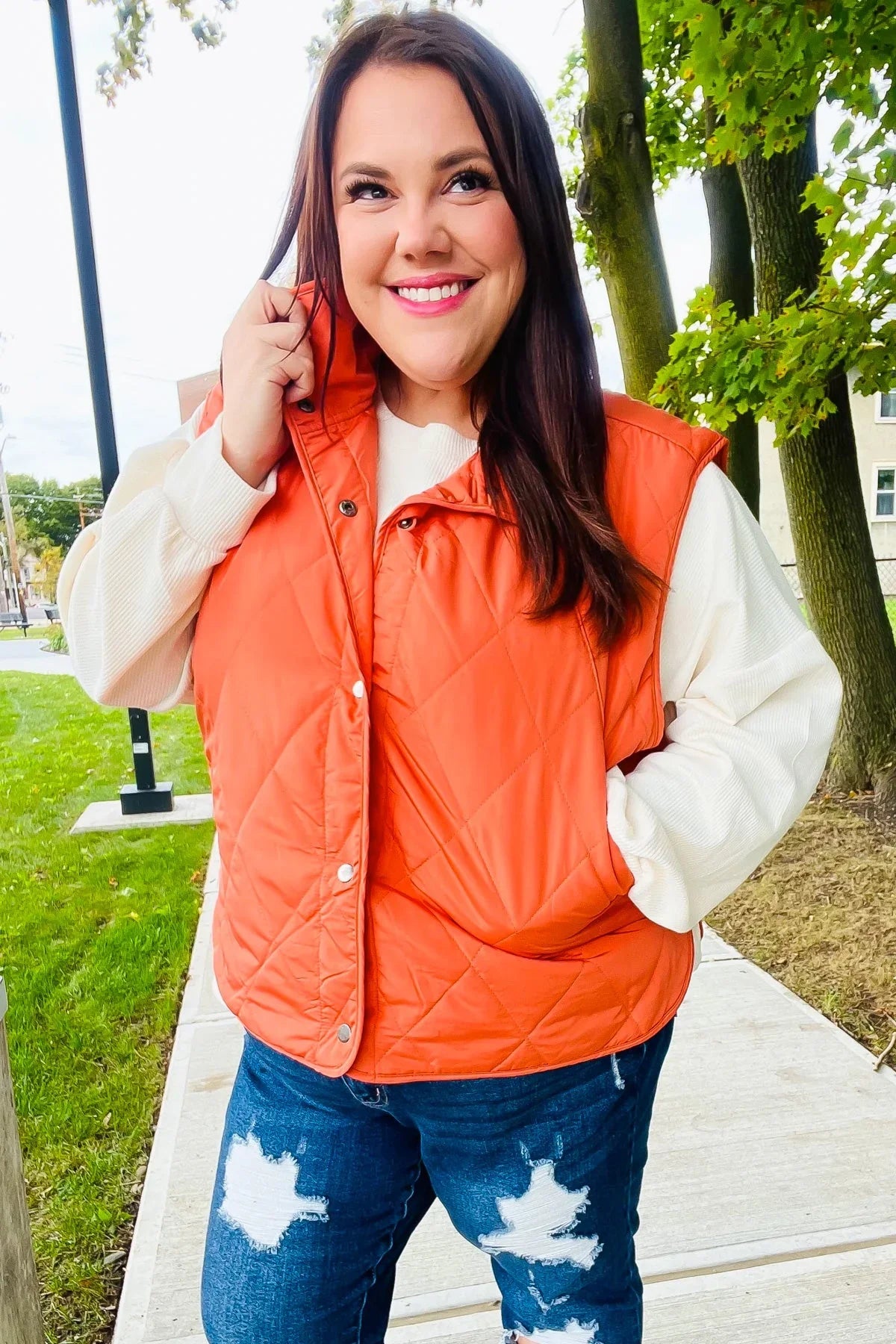 Weekend Ready Rust High Neck Snap Button Quilted Puffer Vest | Daverri Fashions