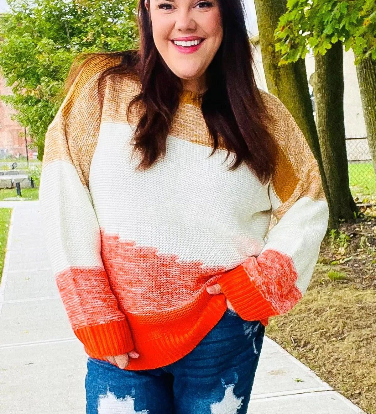 Adorable You Camel & Orange Color Block Sweater - DAVERRI FASHIONS