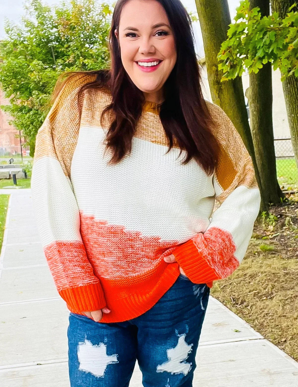 Adorable You Camel & Orange Color Block Sweater | Daverri Fashions