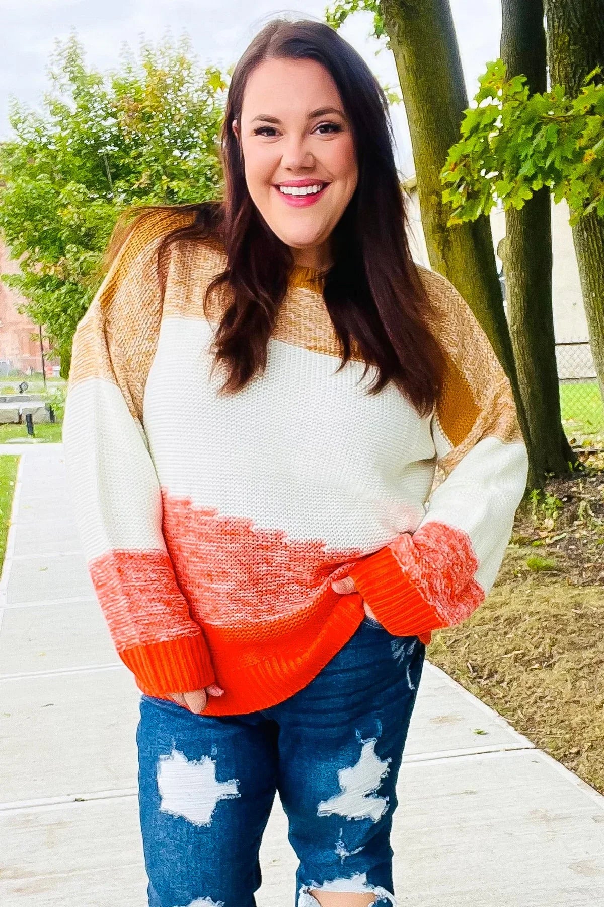 Adorable You Camel & Orange Color Block Sweater | Daverri Fashions