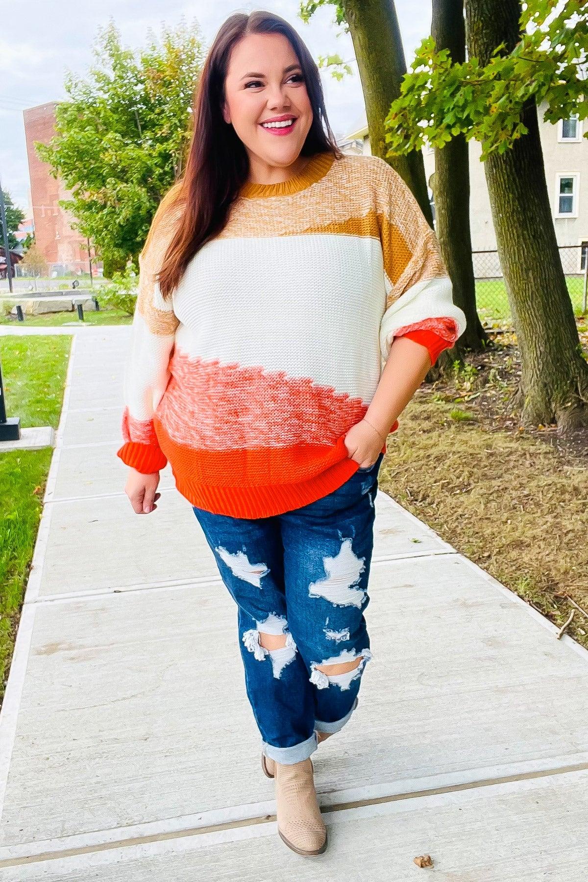 Adorable You Camel & Orange Color Block Sweater | Daverri Fashions