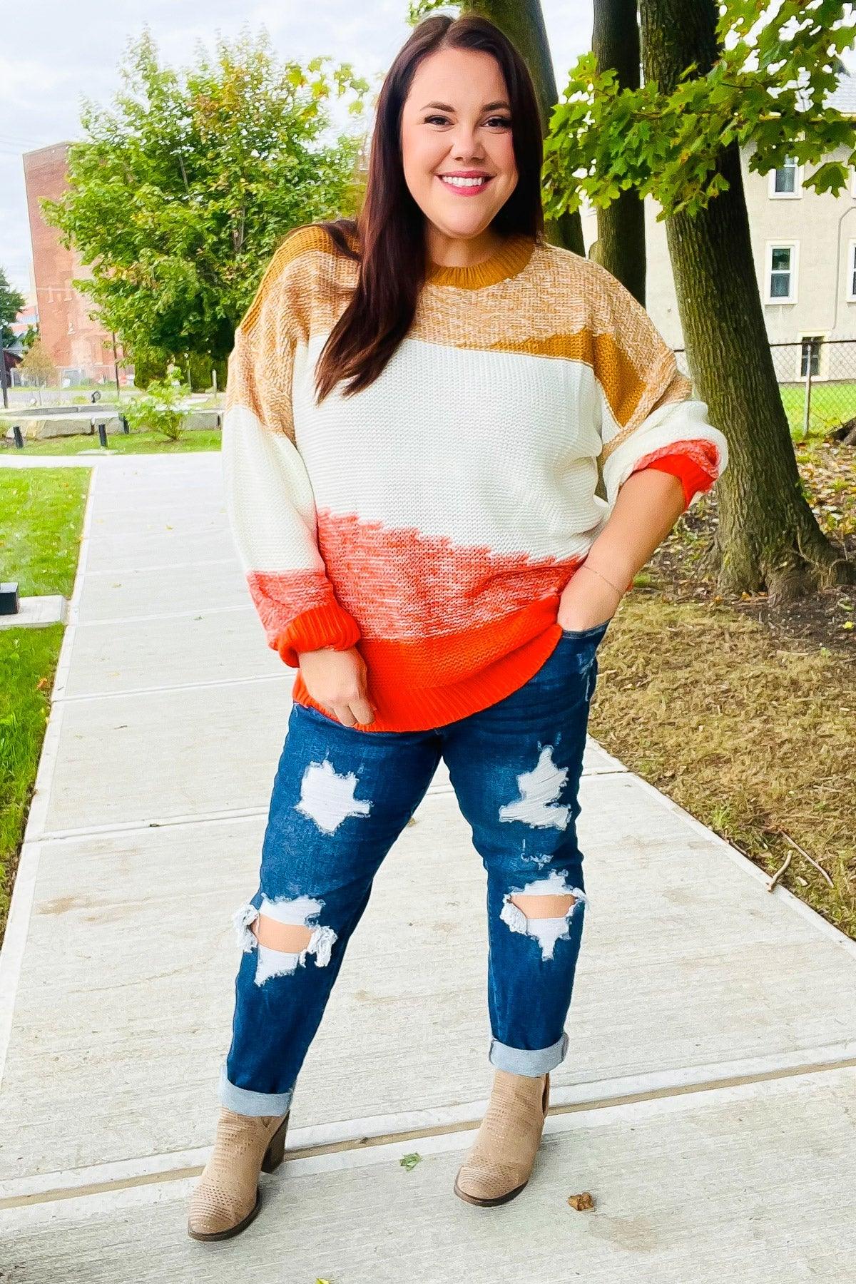 Adorable You Camel & Orange Color Block Sweater | Daverri Fashions