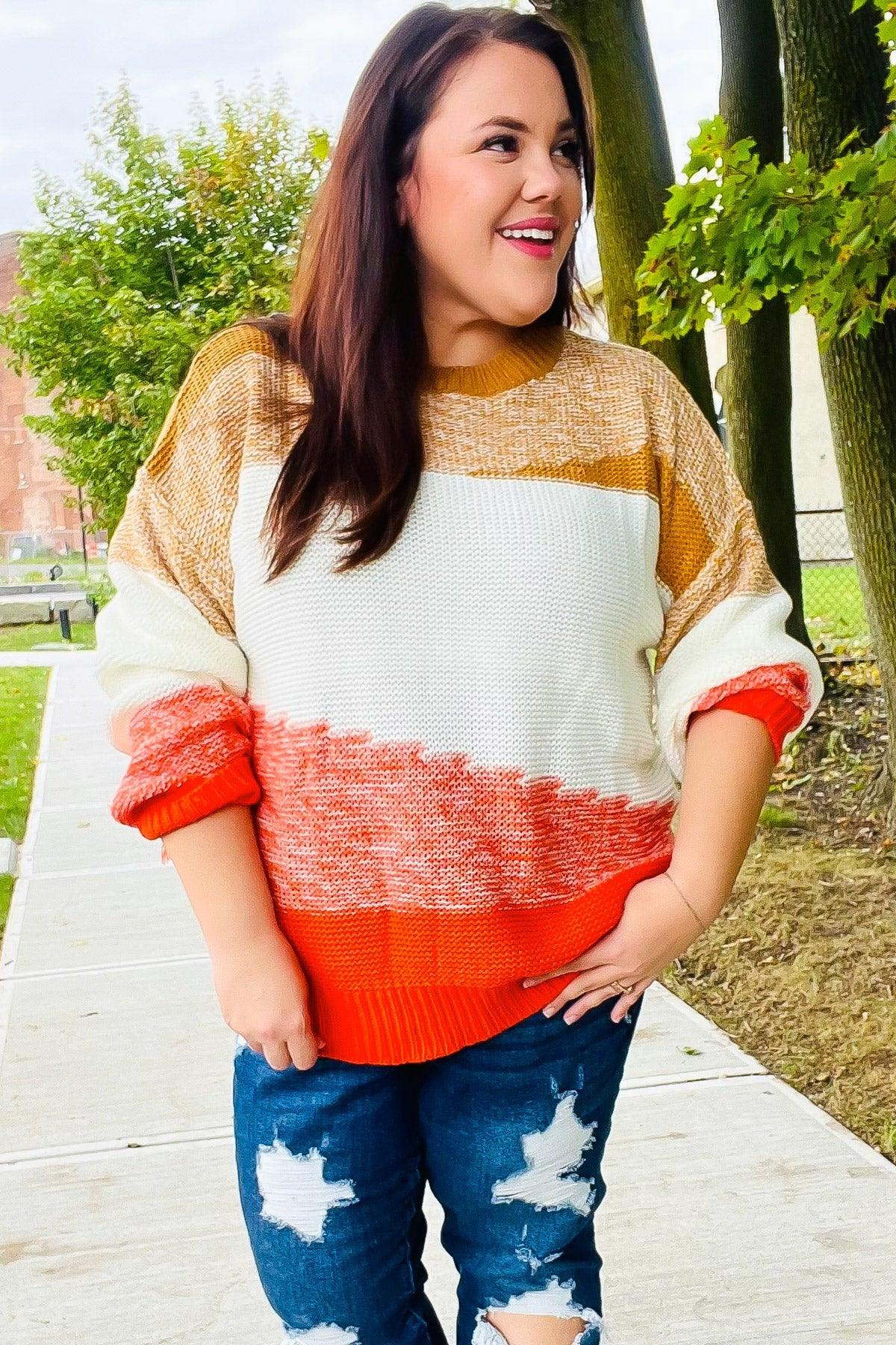 Adorable You Camel & Orange Color Block Sweater | Daverri Fashions
