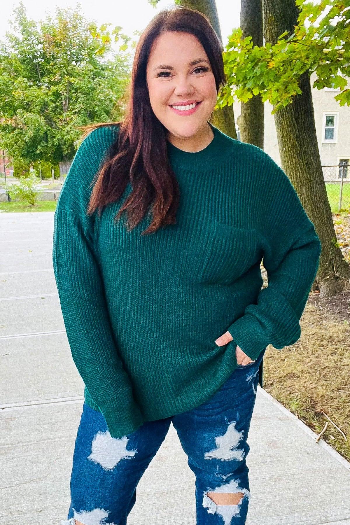 Classy Chic Hunter Green Mock Neck Chest Pocket Knit Sweater | Daverri Fashions