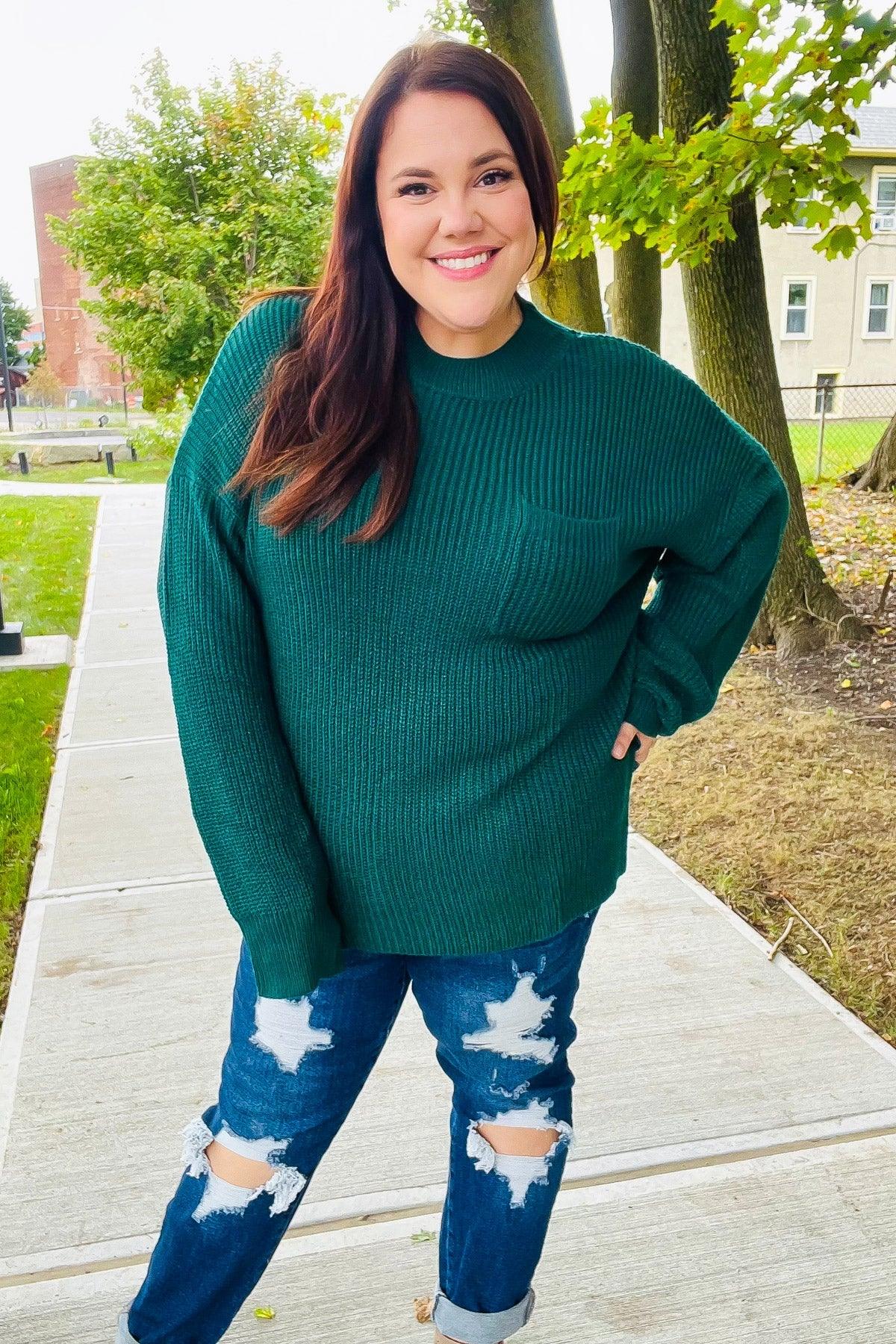 Classy Chic Hunter Green Mock Neck Chest Pocket Knit Sweater | Daverri Fashions