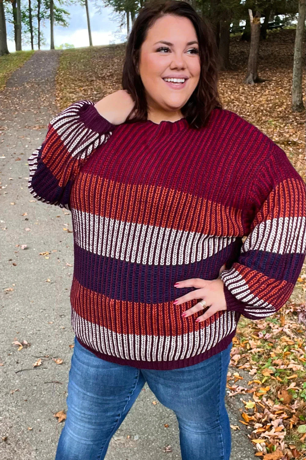 Take All Of Me Burgundy & Navy Stripe Oversized Sweater | Daverri Fashions