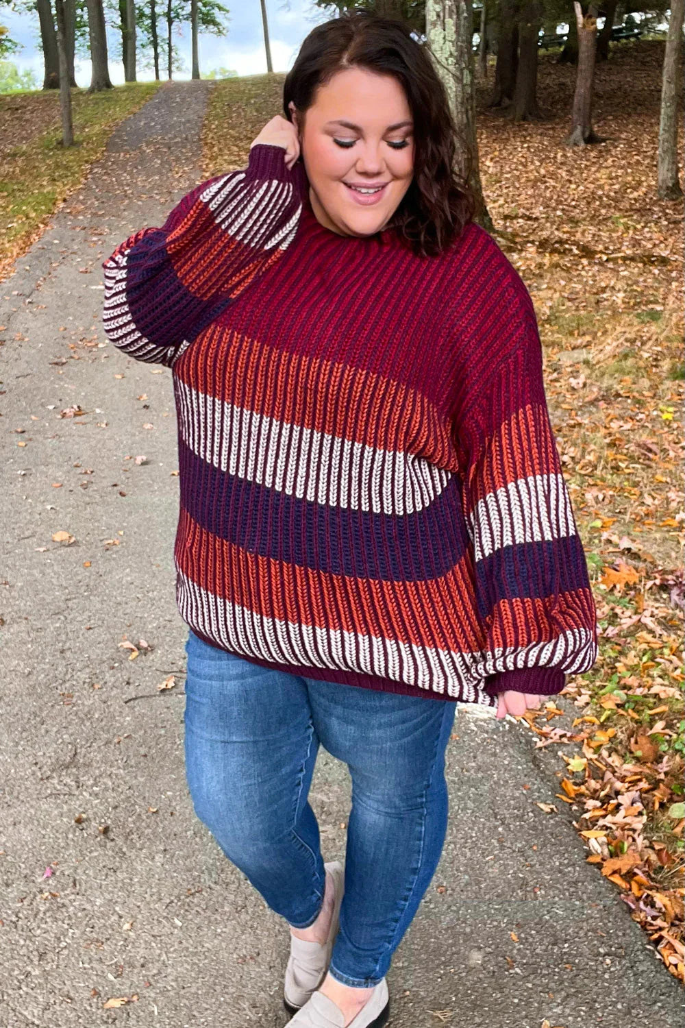 Take All Of Me Burgundy & Navy Stripe Oversized Sweater | Daverri Fashions
