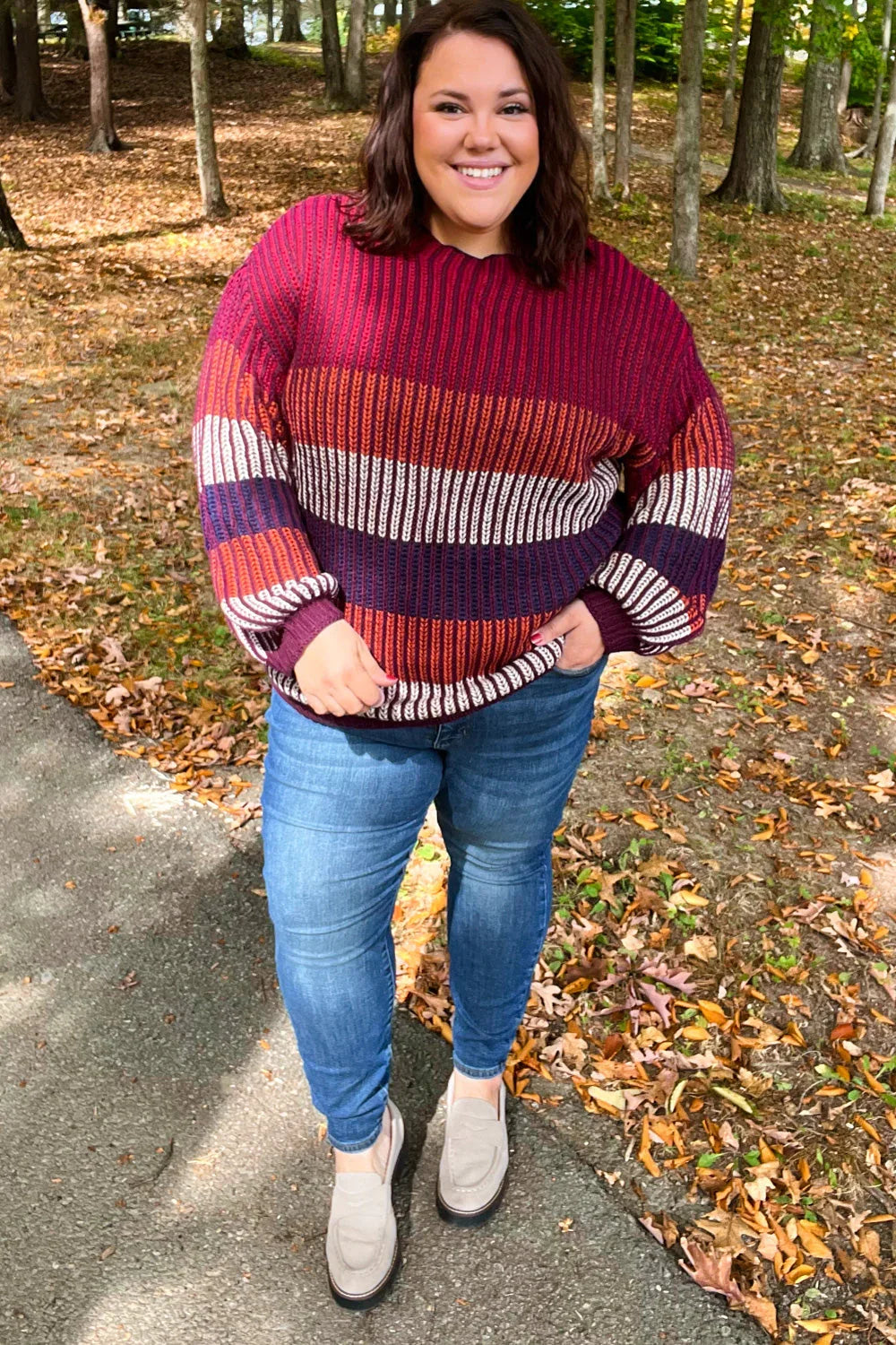 Take All Of Me Burgundy & Navy Stripe Oversized Sweater | Daverri Fashions