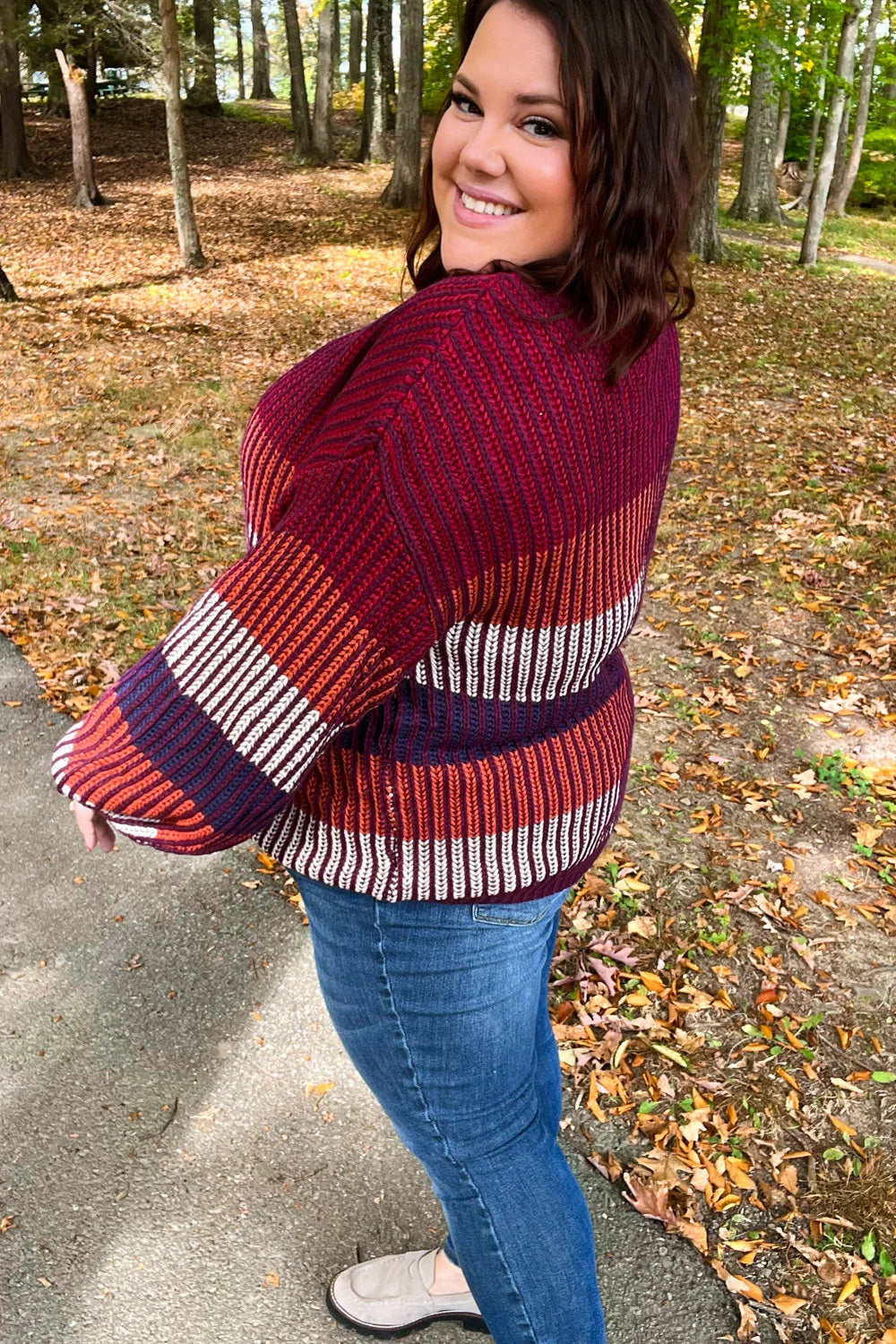 Take All Of Me Burgundy & Navy Stripe Oversized Sweater | Daverri Fashions