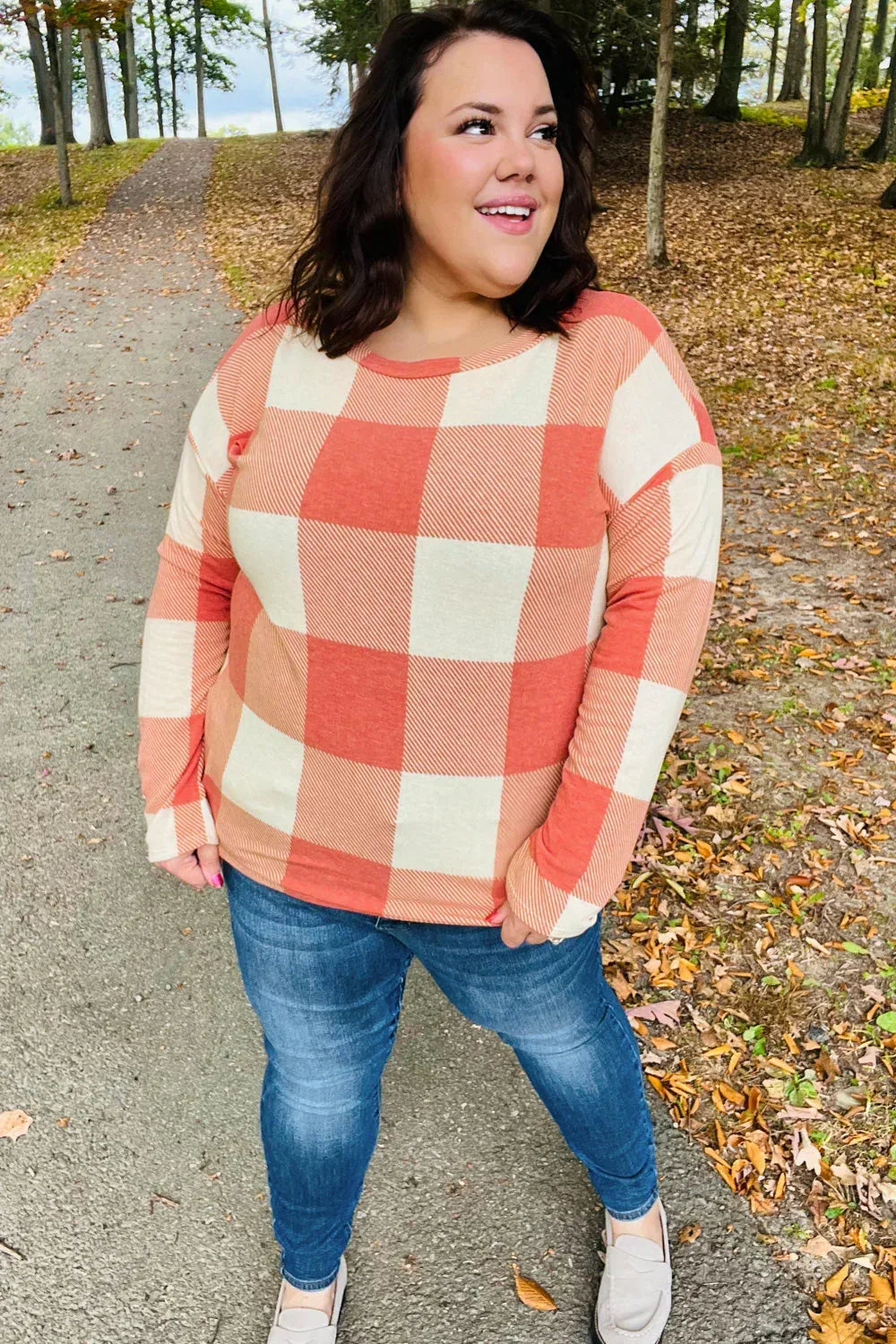 Rust Checker Plaid French Terry Top - DAVERRI FASHIONS