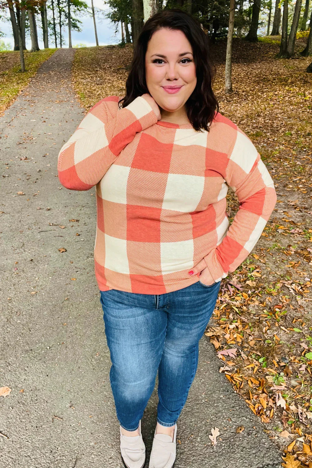 Rust Checker Plaid French Terry Top | Daverri Fashions