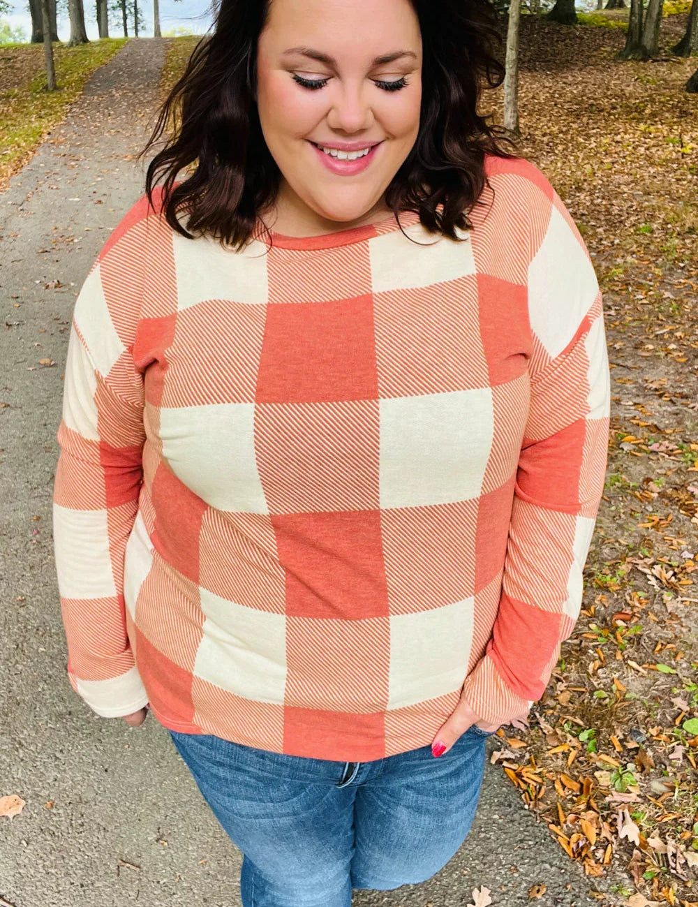 Rust Checker Plaid French Terry Top | Daverri Fashions