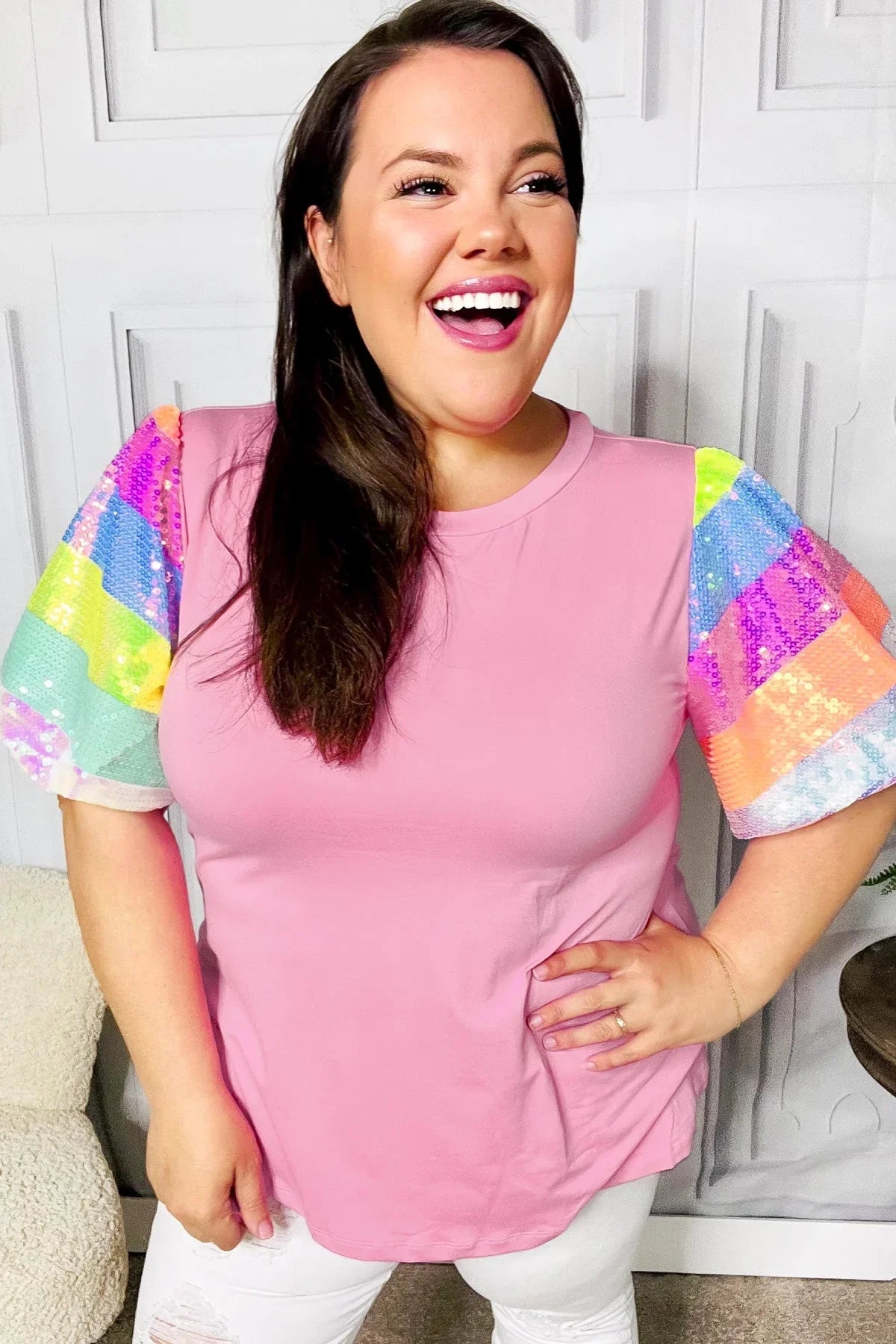 Stand Out Pink Rainbow Sequin Puff Sleeve Top | Daverri Fashions