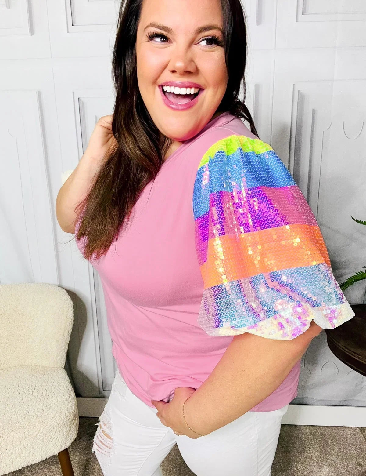 Stand Out Pink Rainbow Sequin Puff Sleeve Top | Daverri Fashions