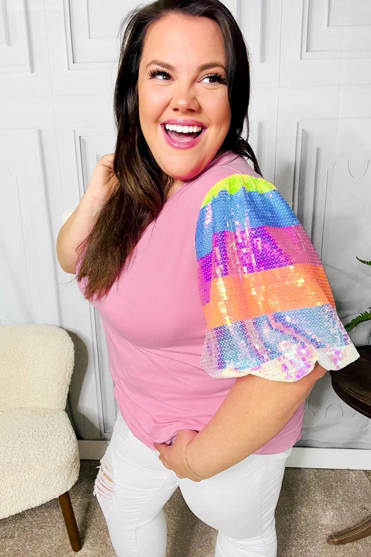 Stand Out Pink Rainbow Sequin Puff Sleeve Top | Daverri Fashions