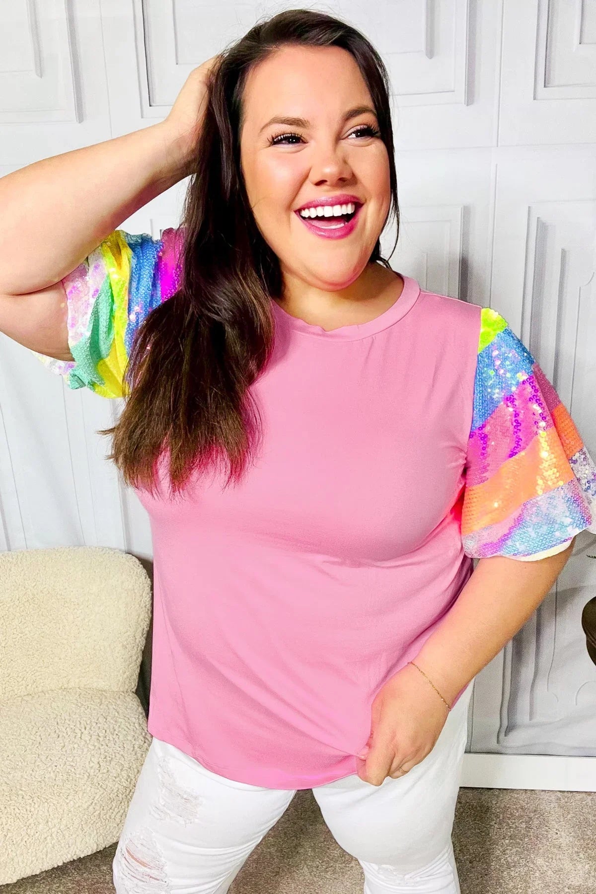 Stand Out Pink Rainbow Sequin Puff Sleeve Top | Daverri Fashions