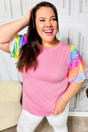 Stand Out Pink Rainbow Sequin Puff Sleeve Top | Daverri Fashions