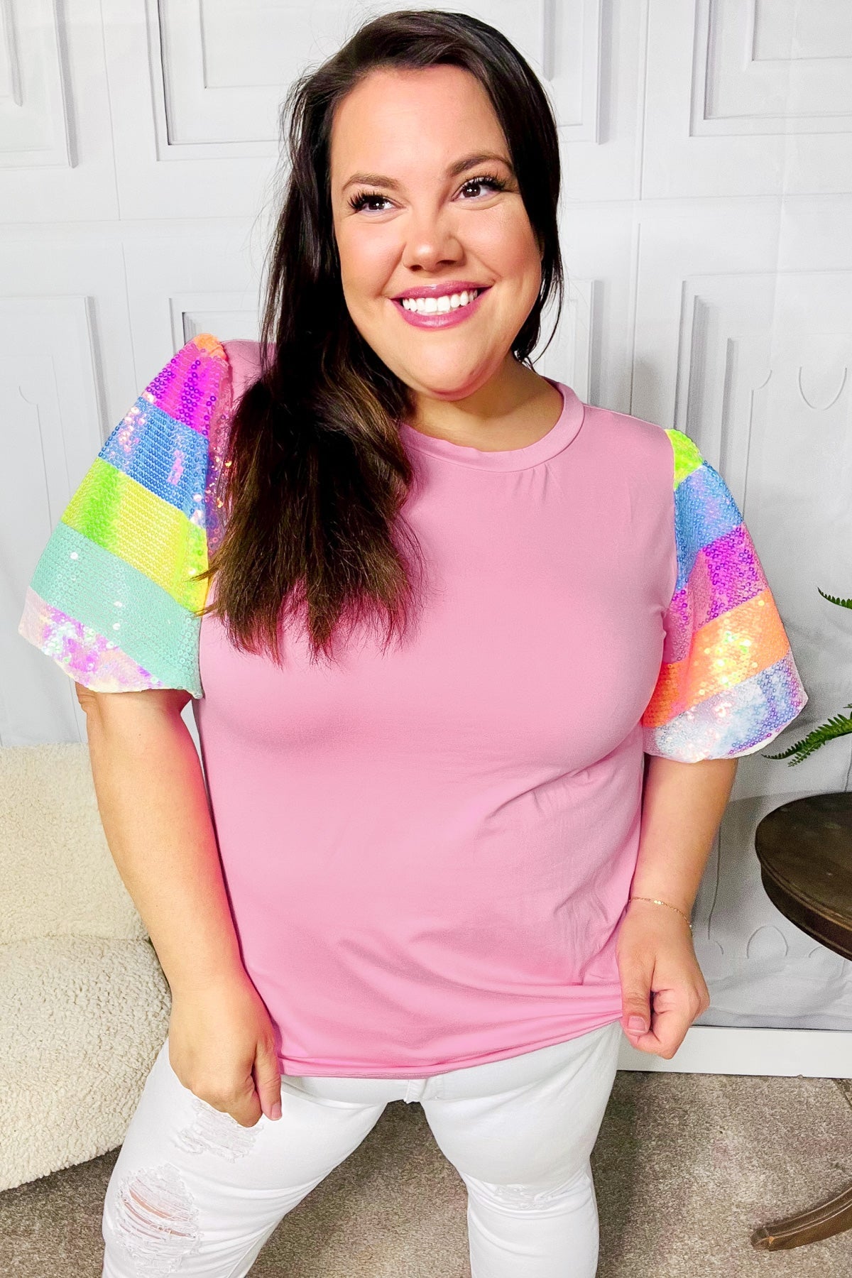 Stand Out Pink Rainbow Sequin Puff Sleeve Top | Daverri Fashions