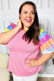 Stand Out Pink Rainbow Sequin Puff Sleeve Top | Daverri Fashions