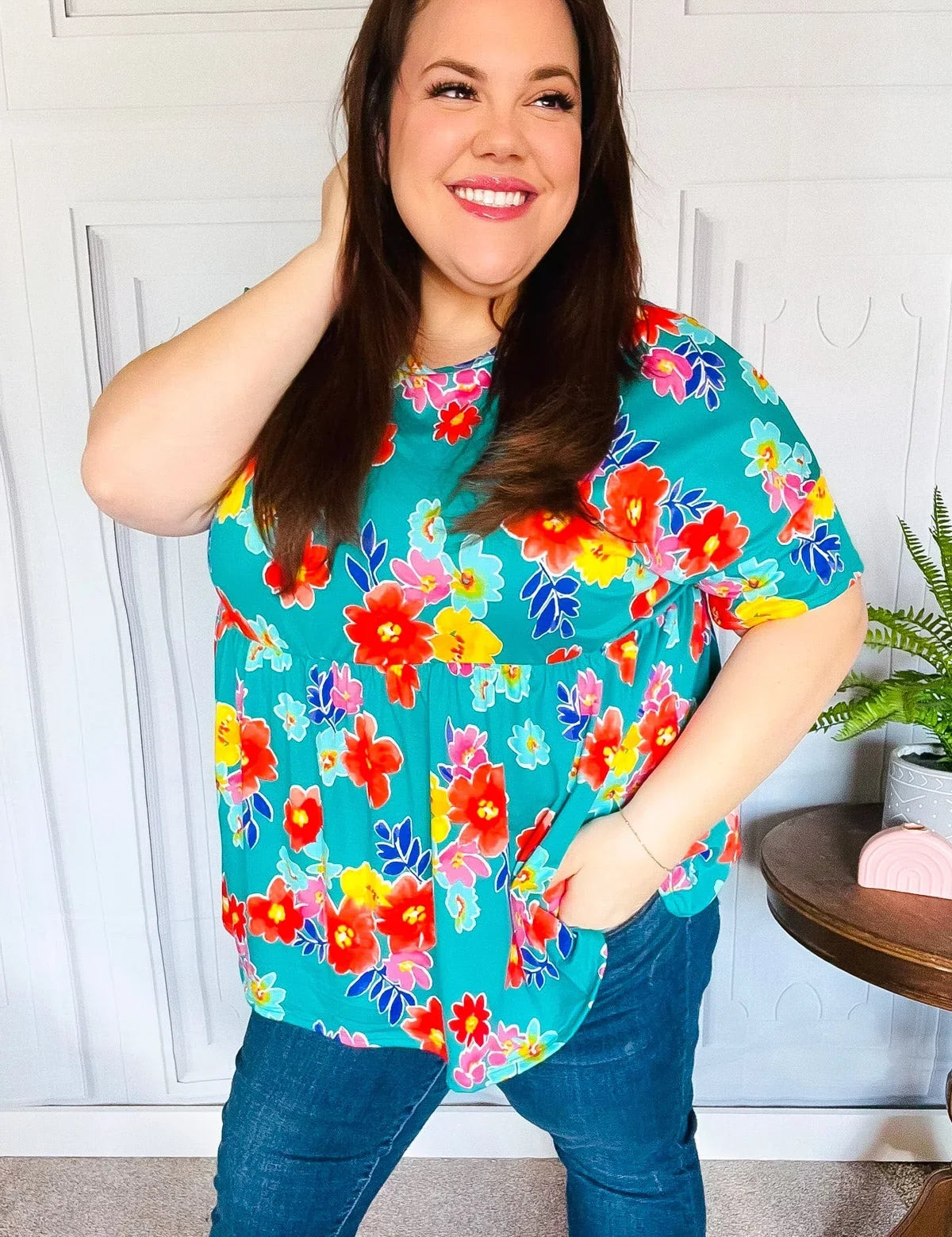 Take Me Away Teal Floral Drop Shoulder Babydoll Top | 07-01-25 Summer Sale Daverri Fashions