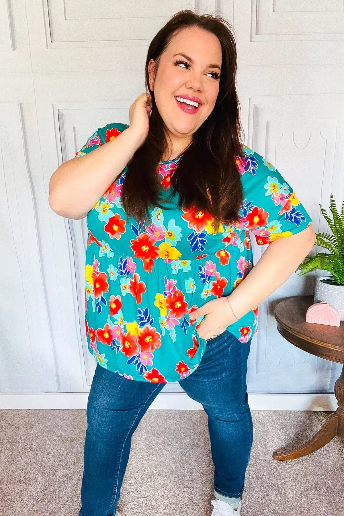 Take Me Away Teal Floral Drop Shoulder Babydoll Top | 07-01-25 Summer Sale Daverri Fashions