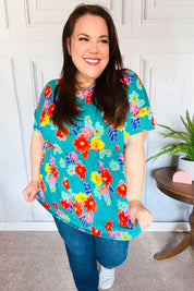 Take Me Away Teal Floral Drop Shoulder Babydoll Top | 07-01-25 Summer Sale Daverri Fashions
