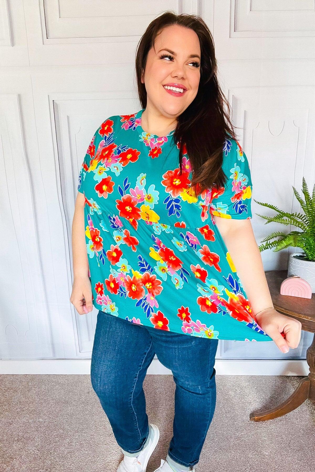 Take Me Away Teal Floral Drop Shoulder Babydoll Top | 07-01-25 Summer Sale Daverri Fashions