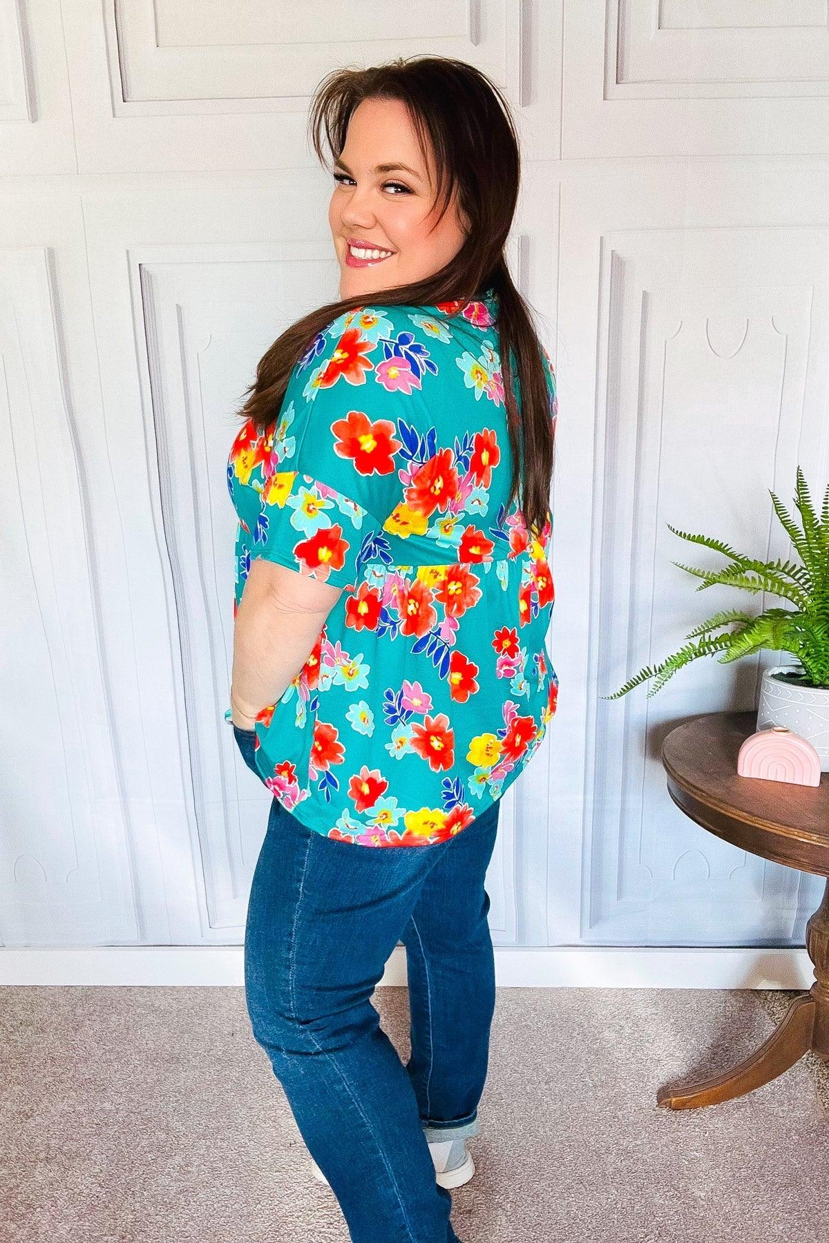 Take Me Away Teal Floral Drop Shoulder Babydoll Top | 07-01-25 Summer Sale Daverri Fashions