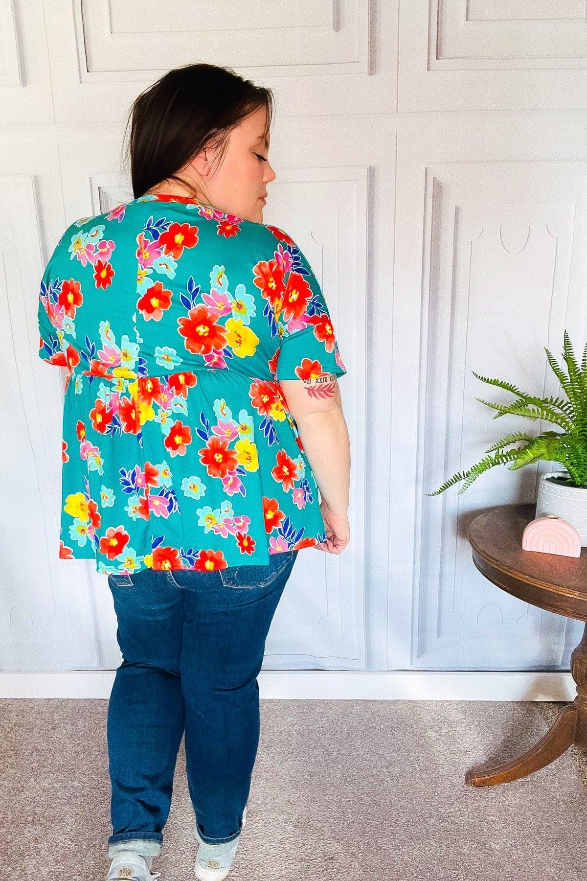 Take Me Away Teal Floral Drop Shoulder Babydoll Top | 07-01-25 Summer Sale Daverri Fashions