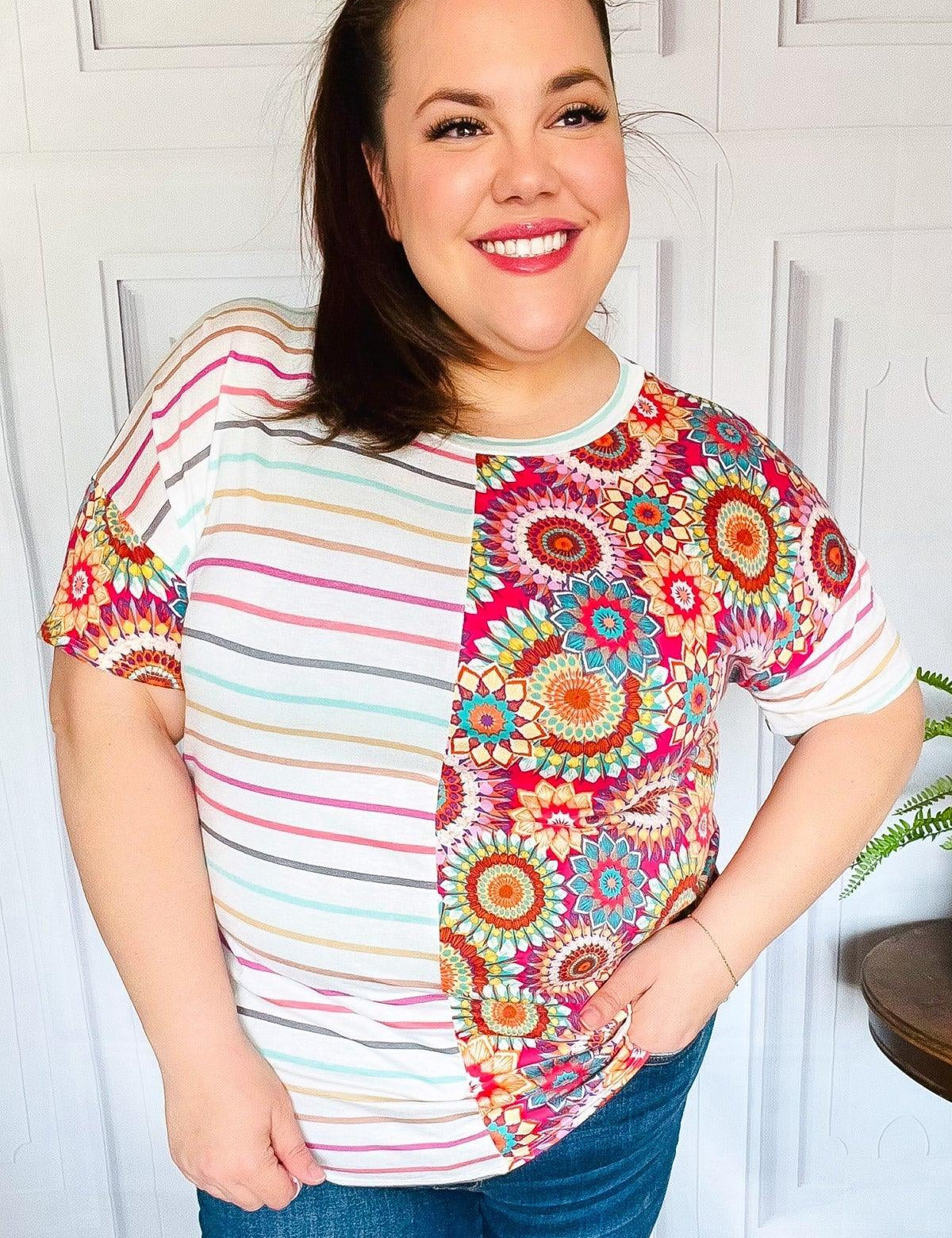 Always Fun Ivory & Fuchsia Stripe and Crochet Print Top | Daverri Fashions