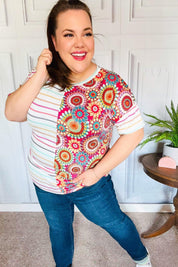 Always Fun Ivory & Fuchsia Stripe and Crochet Print Top | Daverri Fashions