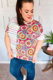 Always Fun Ivory & Fuchsia Stripe and Crochet Print Top | Daverri Fashions