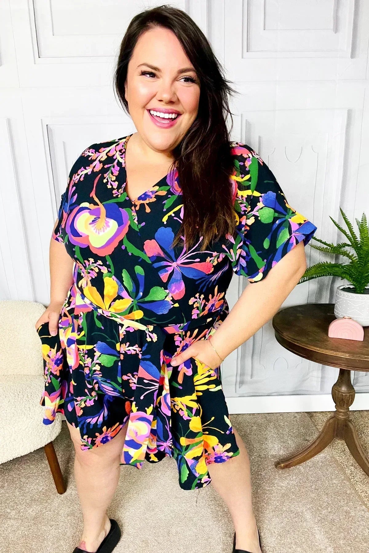 Live For Today Black Floral Surplice Woven Romper - DAVERRI FASHIONS