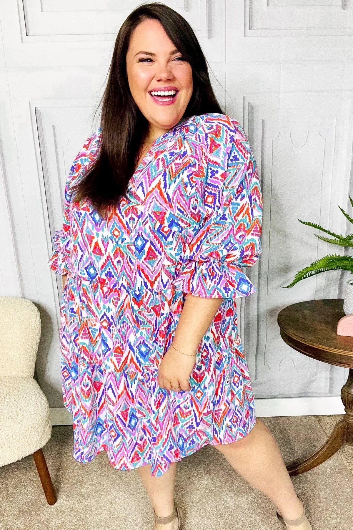 Love Found Blue & Lavender Ikat Print V Neck Dress | 2024 Summer Blow Out Sale Daverri Fashions