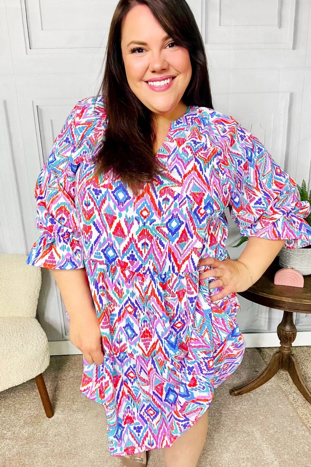 Love Found Blue & Lavender Ikat Print V Neck Dress | 2024 Summer Blow Out Sale Daverri Fashions