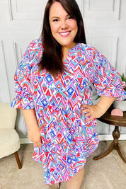 Love Found Blue & Lavender Ikat Print V Neck Dress | 2024 Summer Blow Out Sale Daverri Fashions