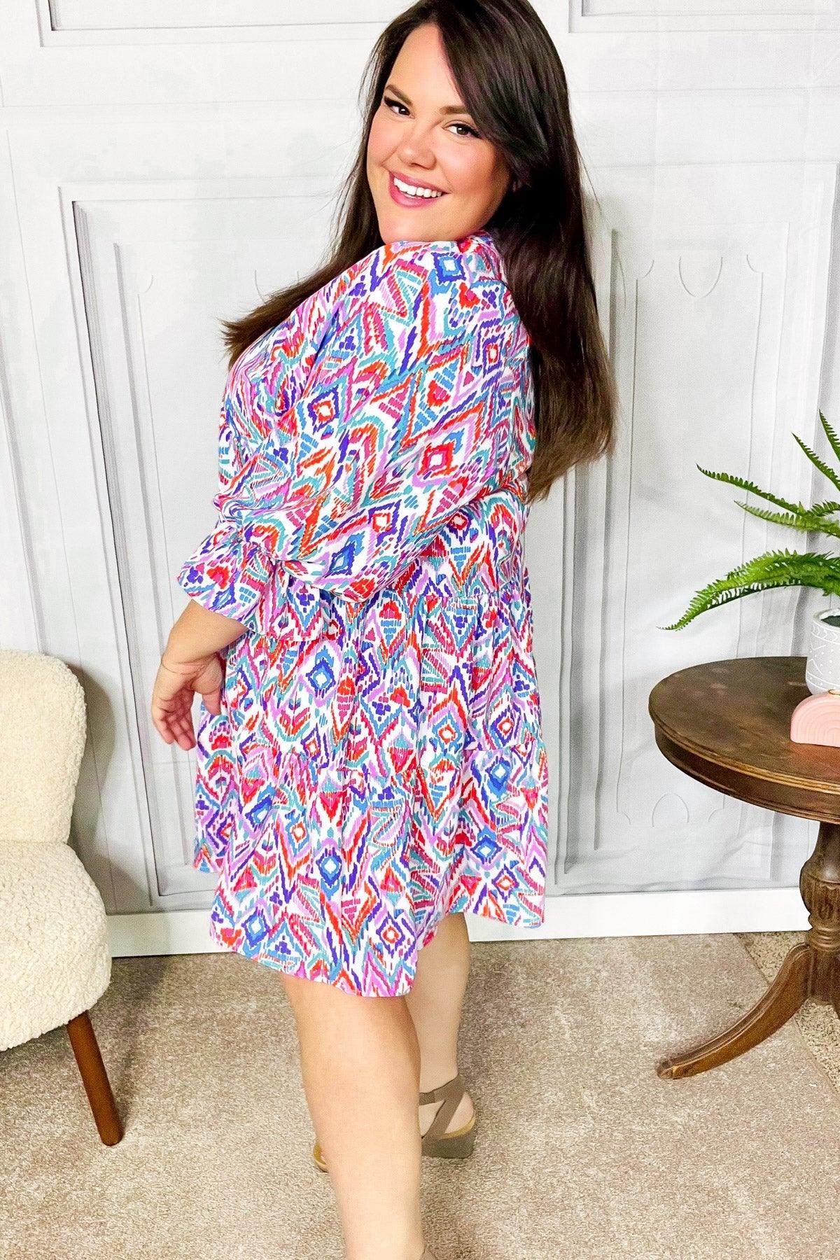 Love Found Blue & Lavender Ikat Print V Neck Dress | 2024 Summer Blow Out Sale Daverri Fashions