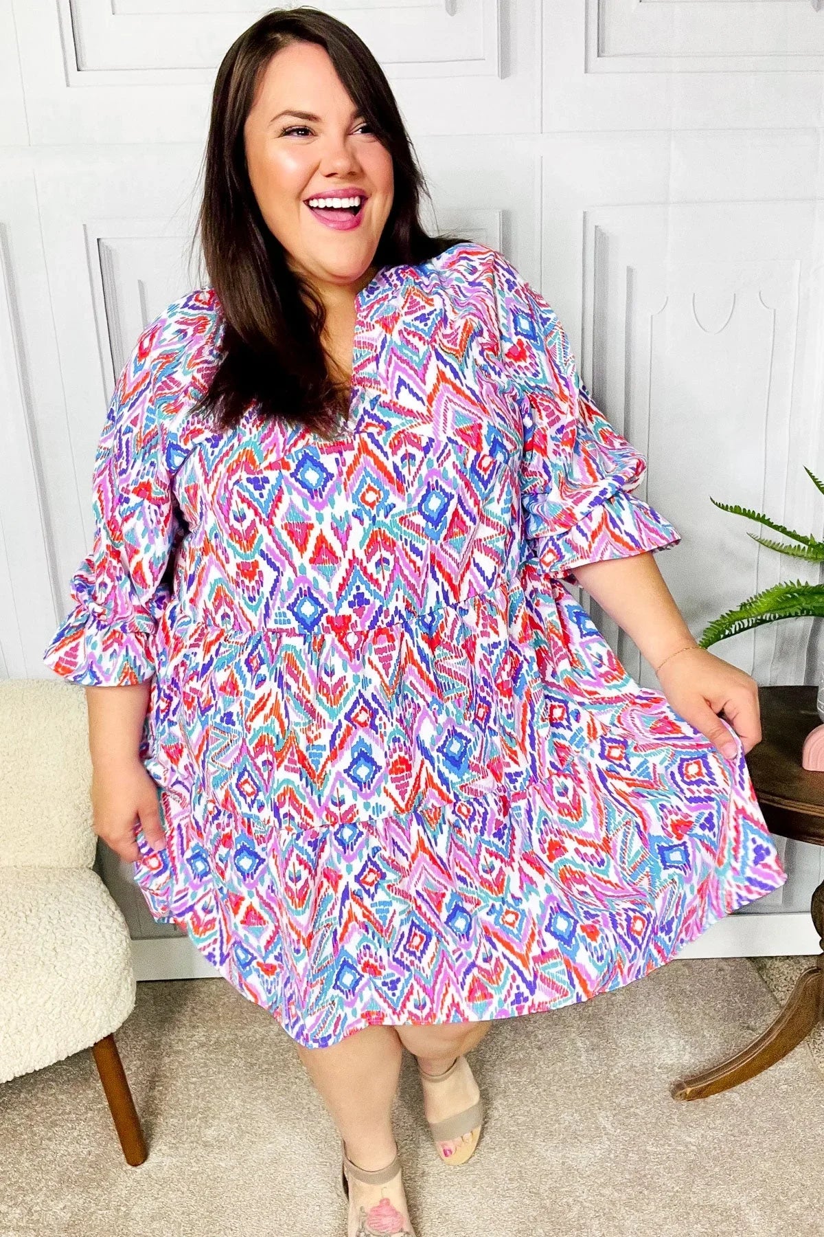 Love Found Blue & Lavender Ikat Print V Neck Dress | 2024 Summer Blow Out Sale Daverri Fashions